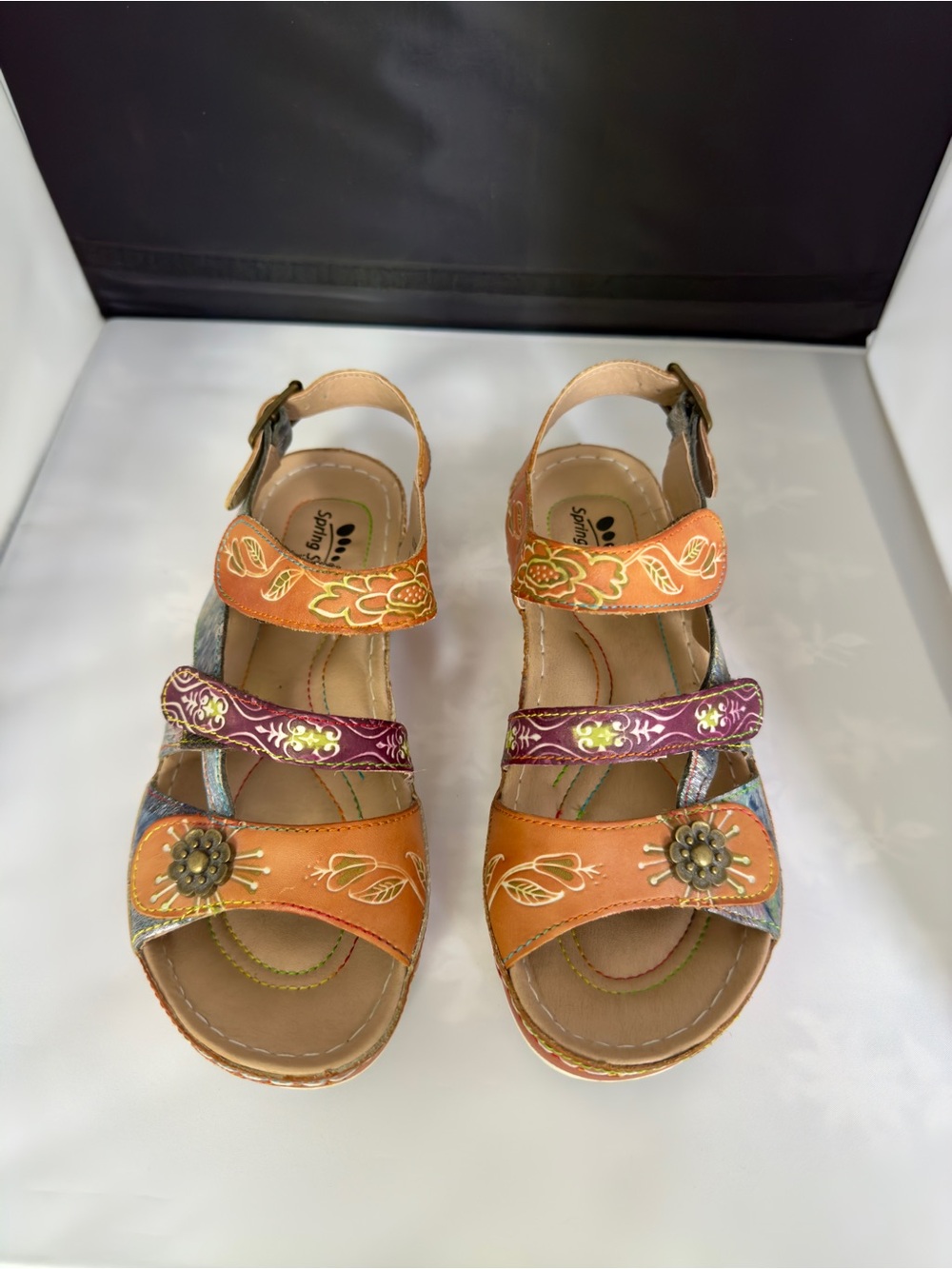 Spring Step Orange & Purple Embroidered Floral Leather Sandals